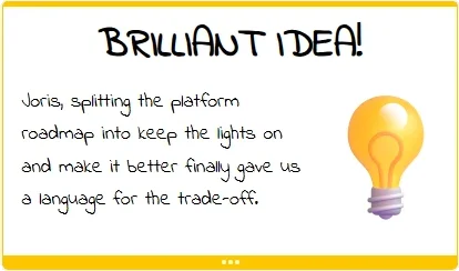 Kudo card titled Brilliant Idea!: Joris, splitting the platform roadmap into keep the lights on and make it better finally gave us a language for the trade-off.